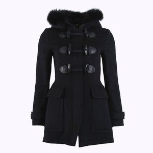Burberry Brit Wool Coat with Fox Fur Trim Hood Black